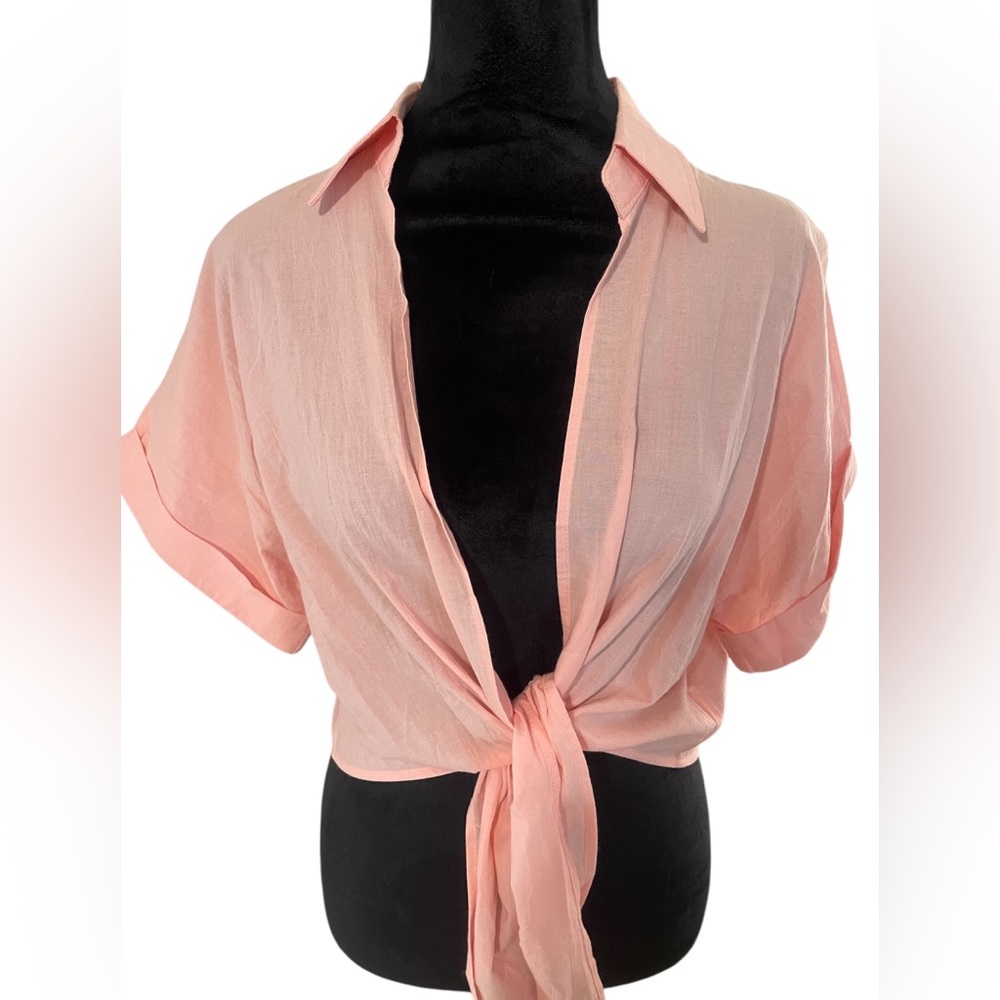 Summer Crop Top Short Sleeve Deep V Neck Sexy Front Tie Blouse,Peach,Large,New - Picture 5 of 9